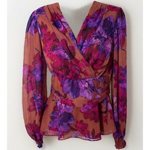 Floral Chiffon Wrap Blouse Long Sleeve Peplum Top XS Sheer Feminine Boho Chic